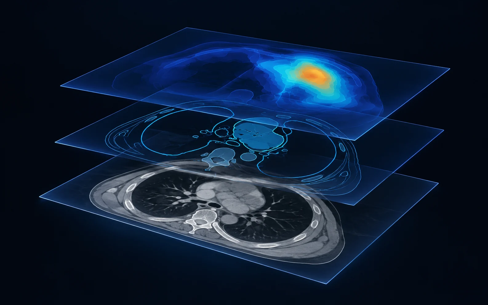 Concept illustration of separated medical image, anatomical contour and dose layers