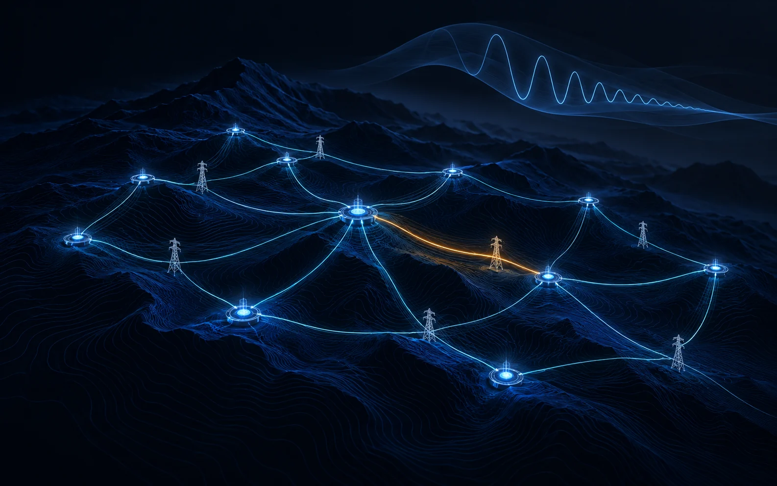 Concept illustration of a power network over contour terrain with a dynamic response waveform
